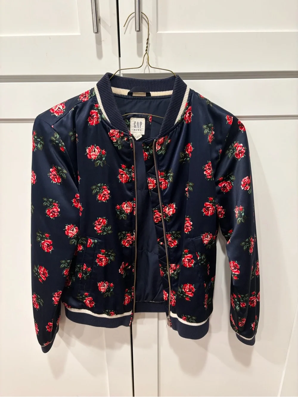 GAP Navy Bomber Jacket with Red Rose Print